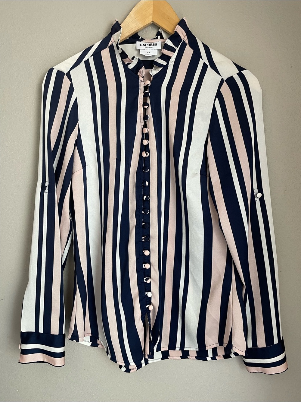 Express Portofino Striped Button Down Blouse Navy Pink Ruffle Neck Top Slim Fit